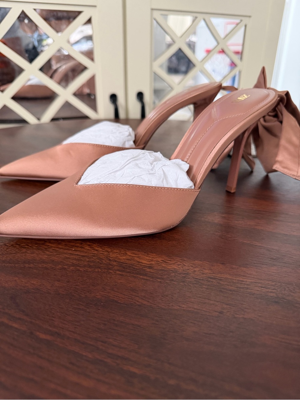 Zara Satin Pointed Ankle-Strap Pump in Nude Blush